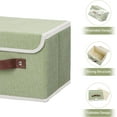 thumbnail image 4 of Storage Bin with Lid Storage Boxes with PU Leather Handles PP Plastic Board Decorative Foldable Lidded Cotton Linen Fabric Home Cubes Baskets Closet Organizer Container - Green, Small Size, 4 of 7