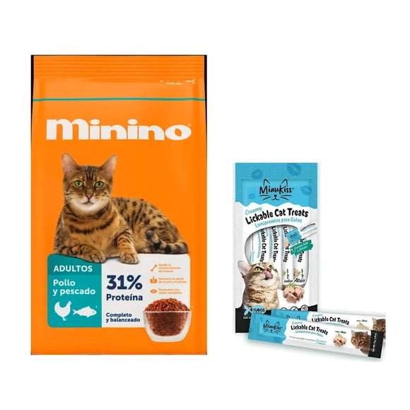 Minino 15 kg + MIAUKISS LICKABLE ATUN 4 PACK 56GR