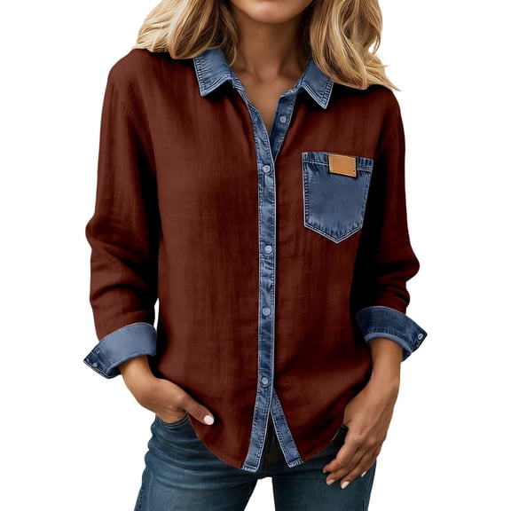 Womens Shirts Lapel Color Block Long Sleeve Button Down Blouse Stylish Dressy Casual Summer Shirts