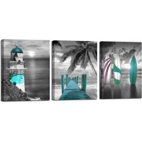 Teal Canvas Wall Art Ocean Lighthouse Painting Palm Tree Surfboard Pictures Framed 12"x16"x3 Panels, Coastal Beach Theme Tropical Artwork for Bathroom Bedroom Living Room Home Office Wall Decor
