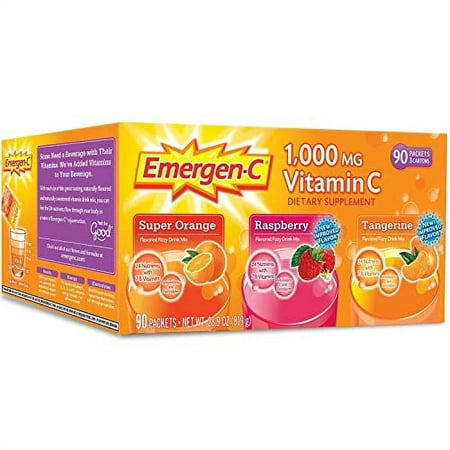 Emergen-C 1,000 mg Vitamin C Dietary Supplement Drink Mix, Super Orange/Raspberry/Tagerine, 90 Packets