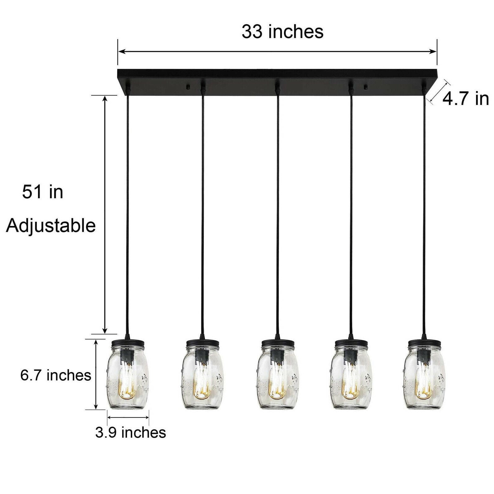 5-Lights Modern Glass Jar Pendant Light Dining Room Kitchen Island Cafe Fixture Chandelier Modern Pendant Lighting Fixture Ceiling Light Black Ceiling Lamp Glass Mason Jar Light Pendant Lamp
