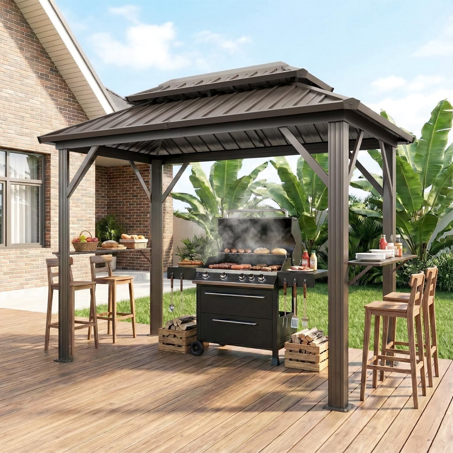 Richryce 10' x 6' Grill Gazebo with Double Galvanized Steel Roof, Outdoor Metal BBQ Gazebo Hardtop Permanent Grill Canopy with Side Shelves and Ceiling Hooks for Patio Garden (Brown)