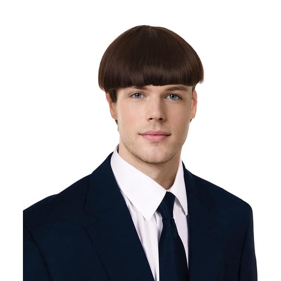 HPO Adult Unisex Brown Bowl Cut Costume Wig Synthetic Hair for Halloween Cosplay and Themed Parties