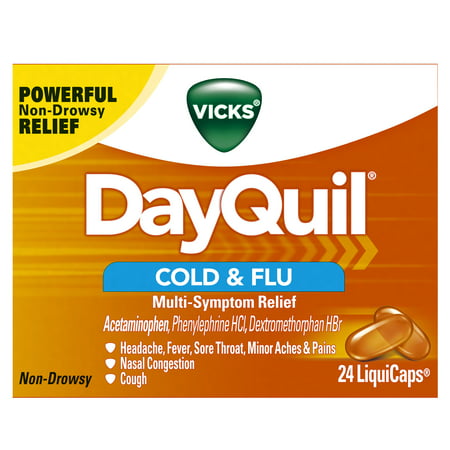 Vicks DayQuil Cold & Flu Multi-Symptom Relief, 24 LiquiCaps - #1 Pharmacist Recommended -Non-Drowsy, Daytime Sore Throat, Fever, and Congestion
