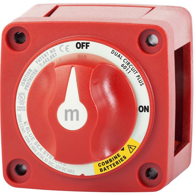 Blue Sea Battery Selector Switch 6011-BSS M Series; 3 Position; 2 Batteries; 32 Volt DC; 450 Amp Intermittent Rating And 300 Amp Continuous Rating; Without Alternator Field Disconnect; Dual Circuit