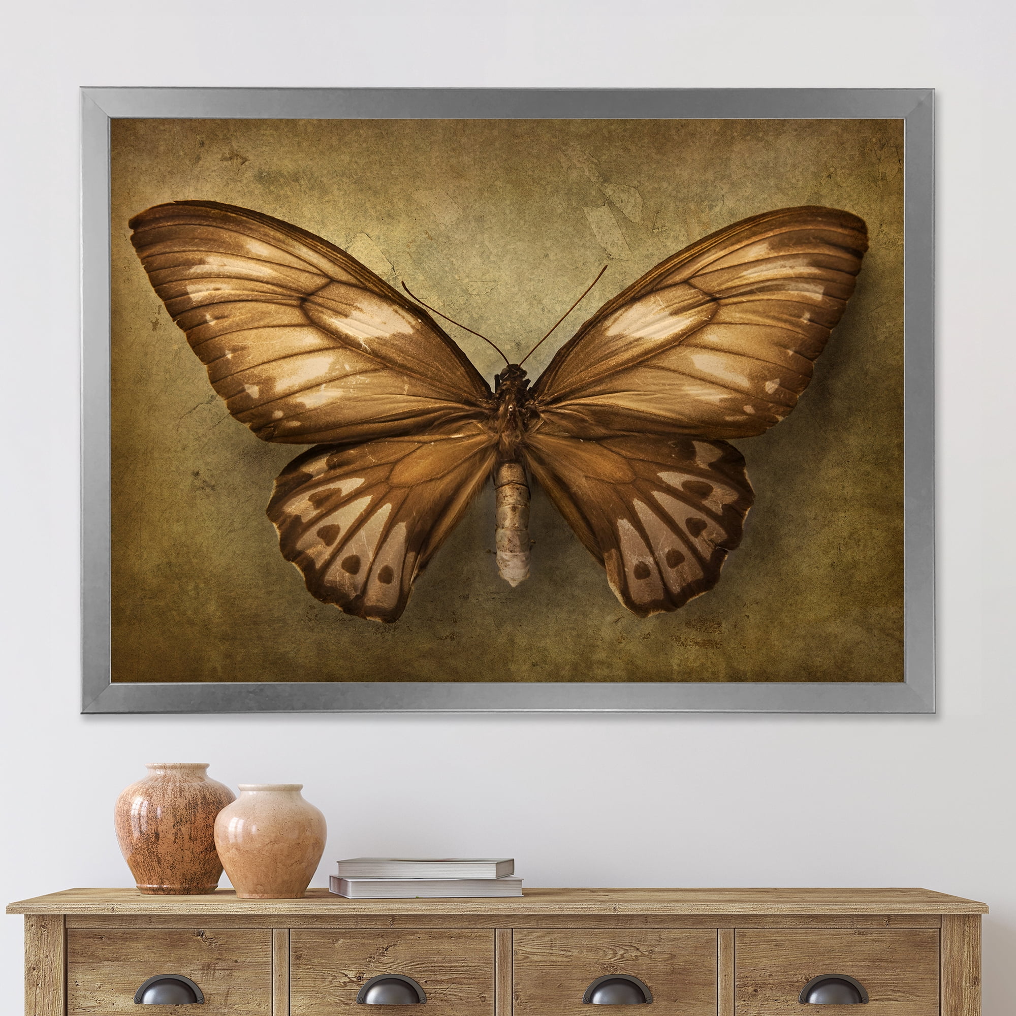 Designart 'Ancient Butterfly In Earth Tones' Vintage Framed Art Print