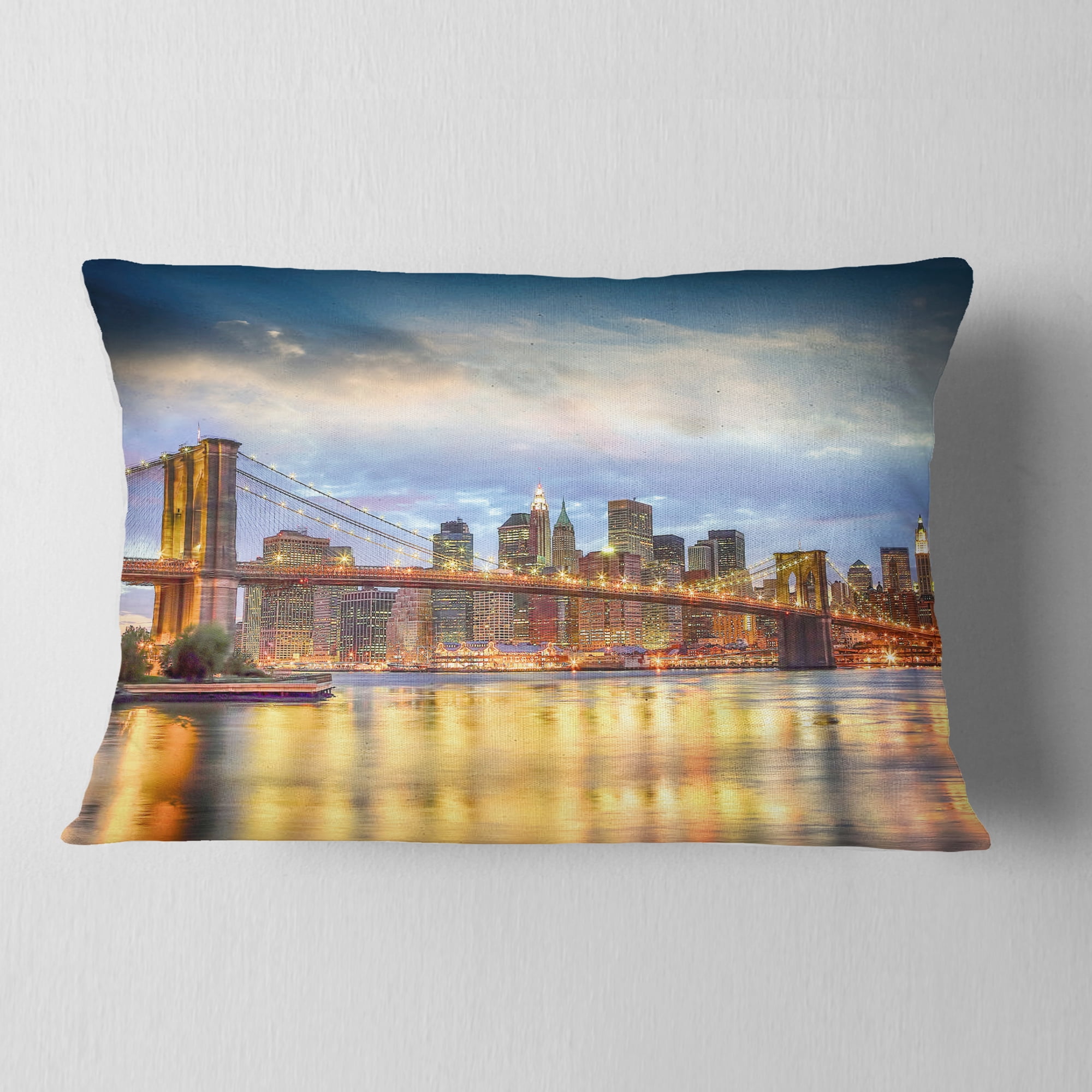 Designart Brooklyn Bridge with Night Illumination - Cityscape Throw Pillow - 12x20