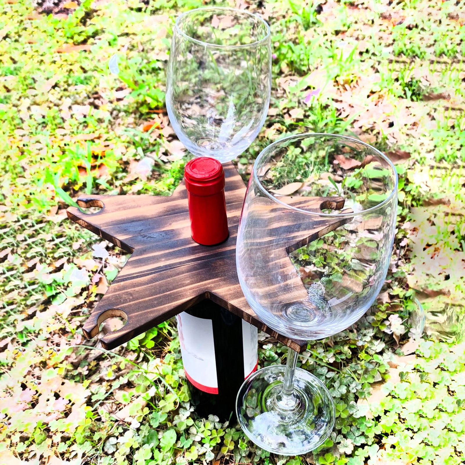 Neinkie Wine Bottle Holder Glass Cup Rack Wood Star Shape Wine Glass Holder Wine Organizer Stand Countertop Tabletop Display for Gift