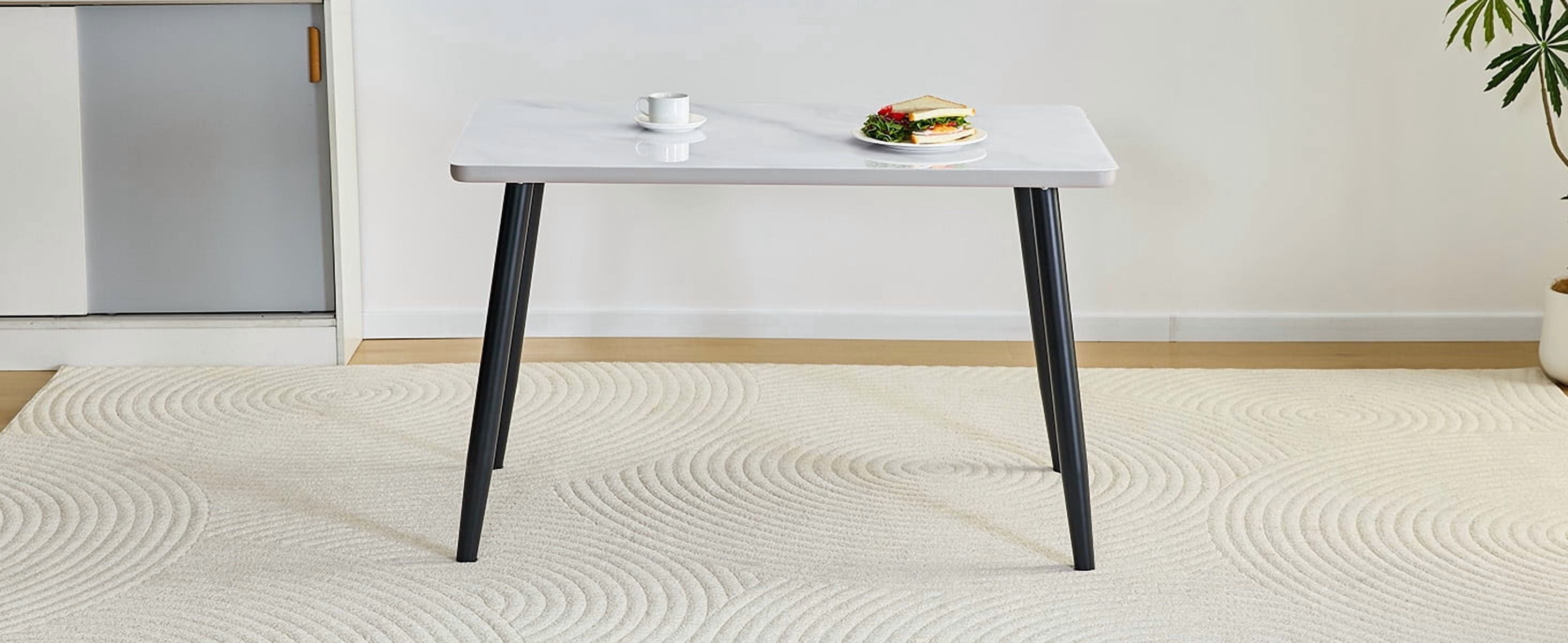 Mintazer 47.3 Inch Modern White Marble Vein Rectangular Dining Table with Tempered Glass Top, Minimalist Kitchen Table for 4-6 People, White & Black