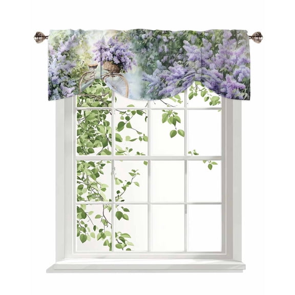 Lavender Tie Up Valances Curtain, Bicycle Pastoral Floral Kitchen Valances for Windows Decor, Rod Pocket Short Curtains Set for Bedroom/Bathroom, 42"x18"