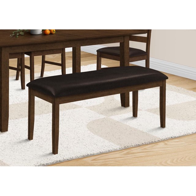 48-inch rectangular bench with brown solid wood frame and cushioned brown leather-look upholstery, suitable for dining rooms or entryways.
