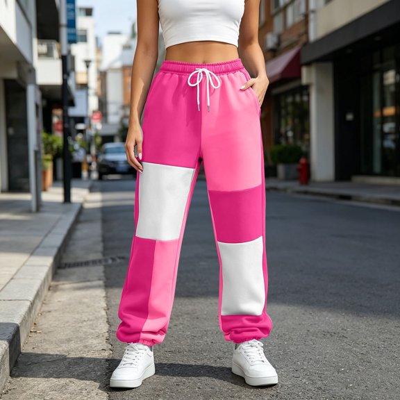 Costeam Womens Block Color Patchwork Jogger Sweatpants Elastic Drawstring Waist Tapered Jogging Pants Soft Warm Knit Casual Bottoms with Side Pockets Contrast Panel Fall Winter Trousers