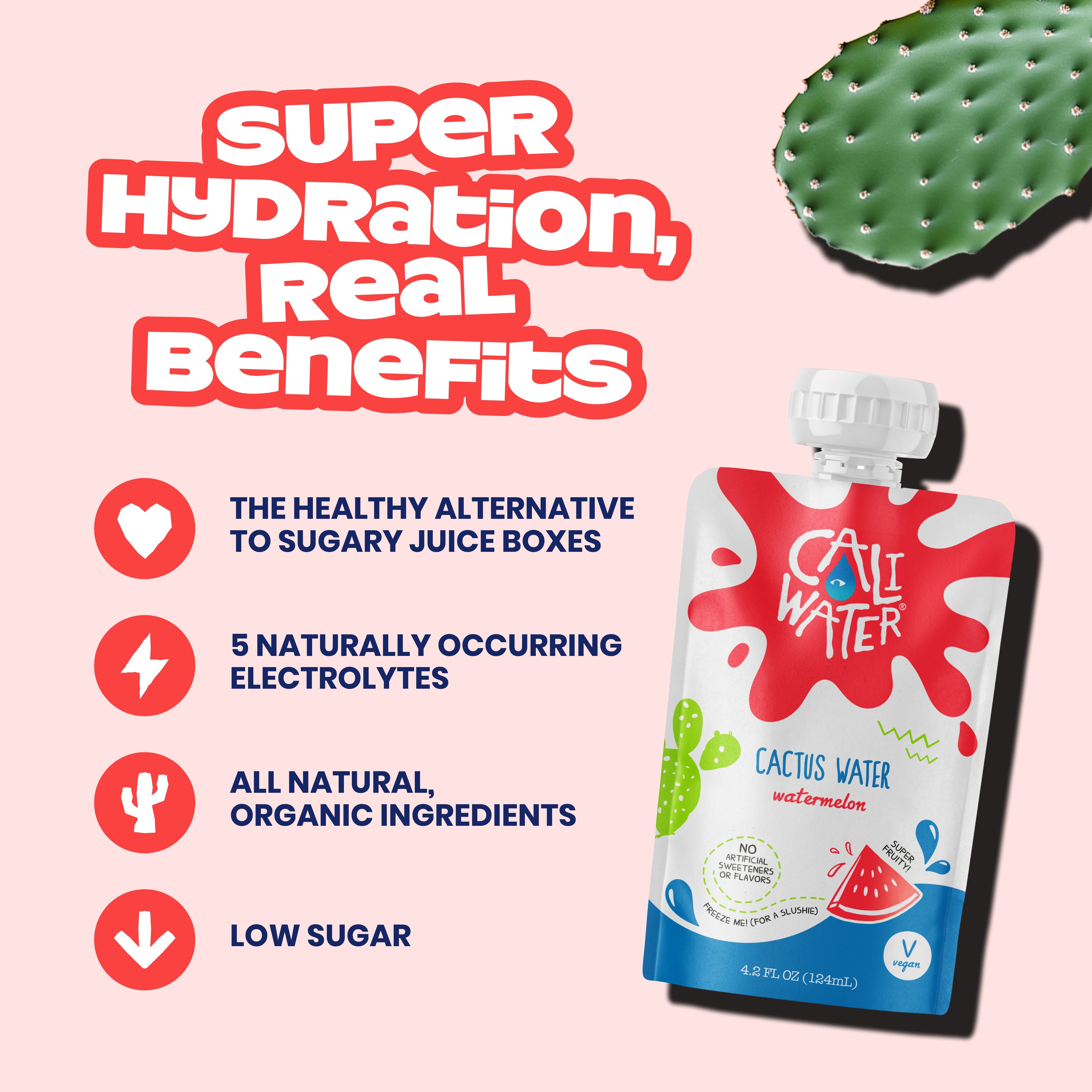 Caliwater Kids Pouch Organic Cactus Water Watermelon 24-Pack 4.2oz/pouch Plant-Based Hydration