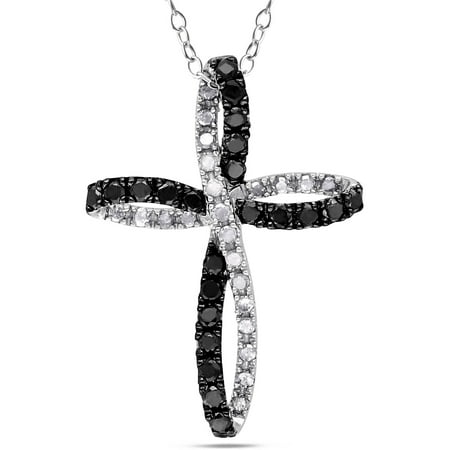1 Carat T.W. Black and White Diamond Sterling Silver Religious Cross Pendant, 18