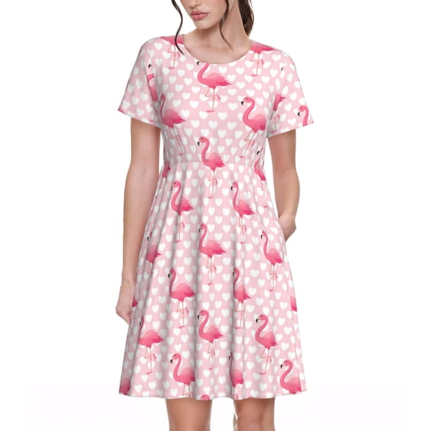 Easygdp Cute Flamingo with Heart para Vestido Transpirable de Mujer, Vestido Suelto de Manga Corta con Pliegues y Bolsillos para el Verano