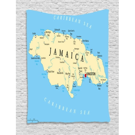 Country Blue Bedroom Jamaican Tapestry, Map of Jamaica Kingston Caribbean Sea Important Locations in Country, Wall Hanging for Bedroom Living Room Dorm Decor, Pale Blue Beige Black, by Ambesonne ()