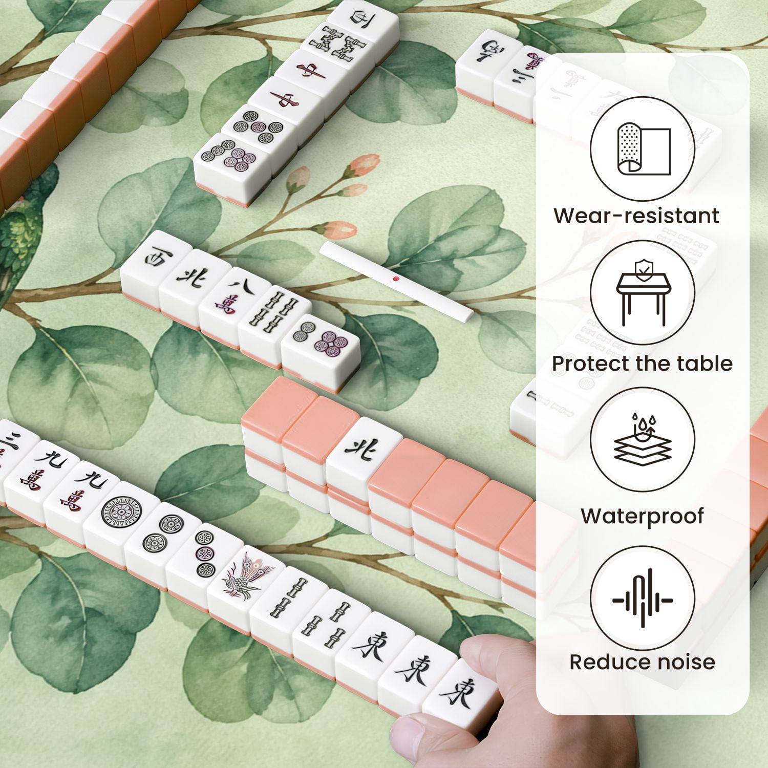 Mahjong Mat 31.5" x 31.5" Hummingbirds Green Leaves Elegant Watercolor Style Non-Slip Noise Reduction Mahjong Tiles Table Cover for Dominoes Poker Card Board and Tile Games
