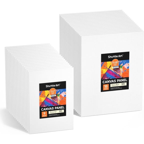 Shuttle Art Painting Canvas Panels, 36 Pack, 5x7, 8x10in (18 of Each), 100% Cotton, Primed White Canvas Boards for Painting, Blank Canvases for Kids, Adults, Artists for Acrylic and Oil Painting