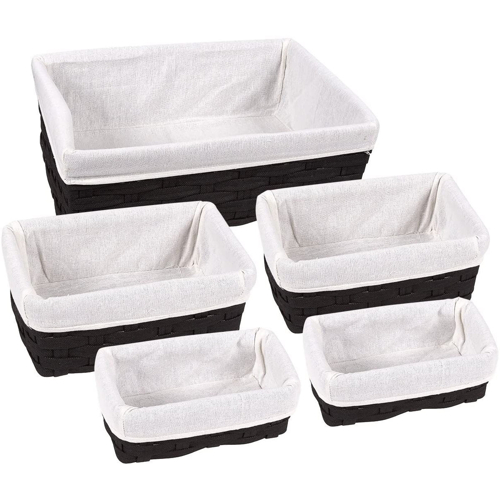 Storage Basket Set 5-Different Sizes Rectangle Plastic Wicker in Black Finish 