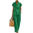 thumbnail image 2 of Linen Sets for Women 2 Piece Summer Casual Short Sleeve V Neck Button down Shirts Matching Loose Wide Leg Pants, M, 2 of 8