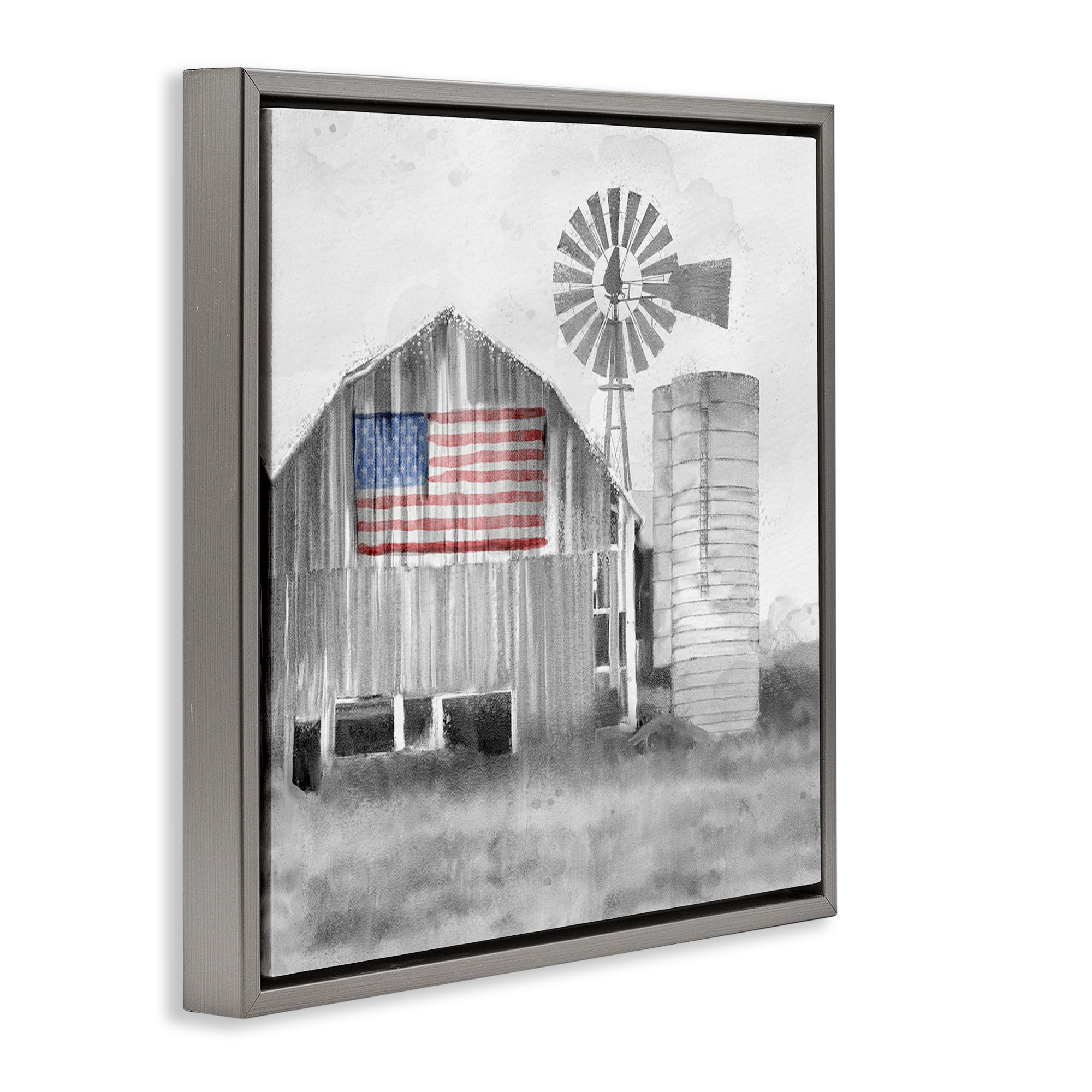 Stupell Industries Grandfather's Barn with Flag Gray Framed Floater Canvas Wall Art, design by Kim Allen