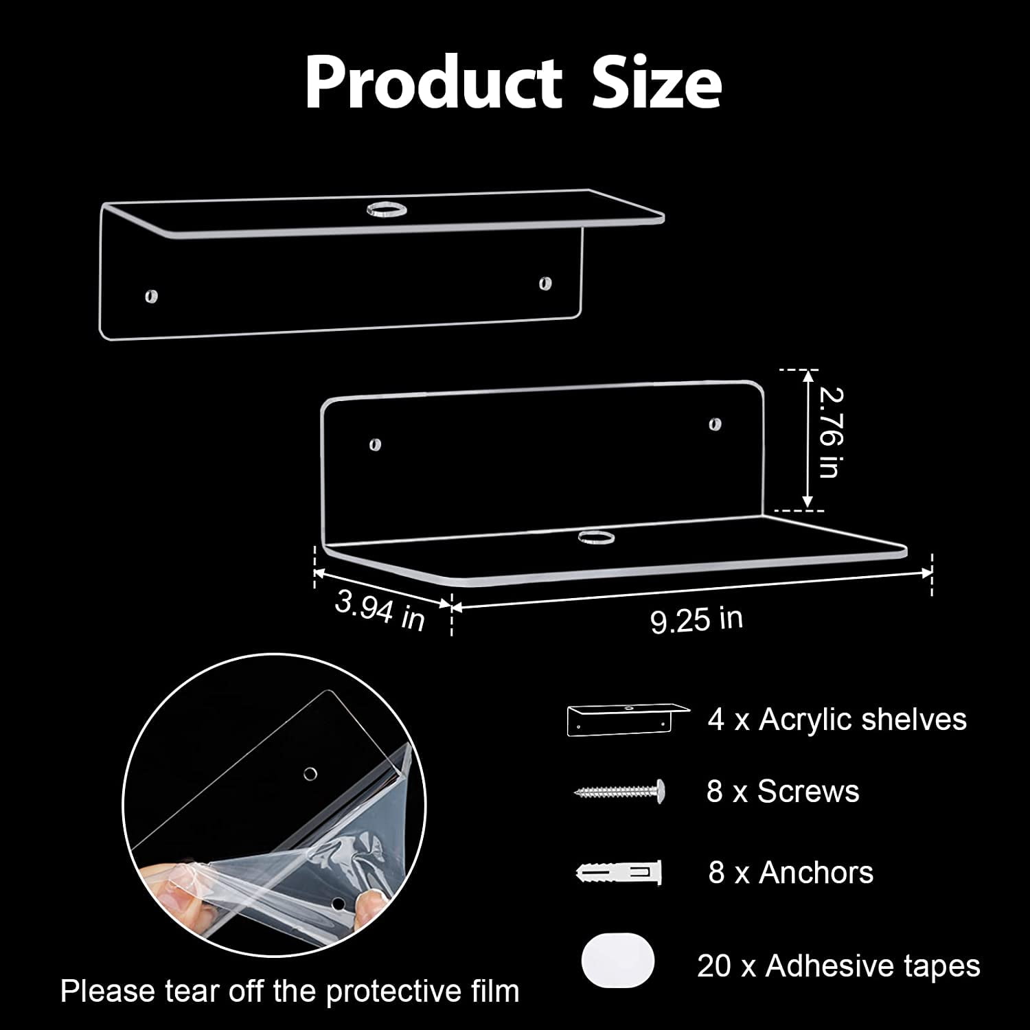 9 Inch Acrylic Floating Shelf, No Drill Adhesive Wall Shelf Set of 4 for Storage, Floating Shelves Damage-Free Expand Wall Space for Living Room, Office, Gaming Room, Bathroom