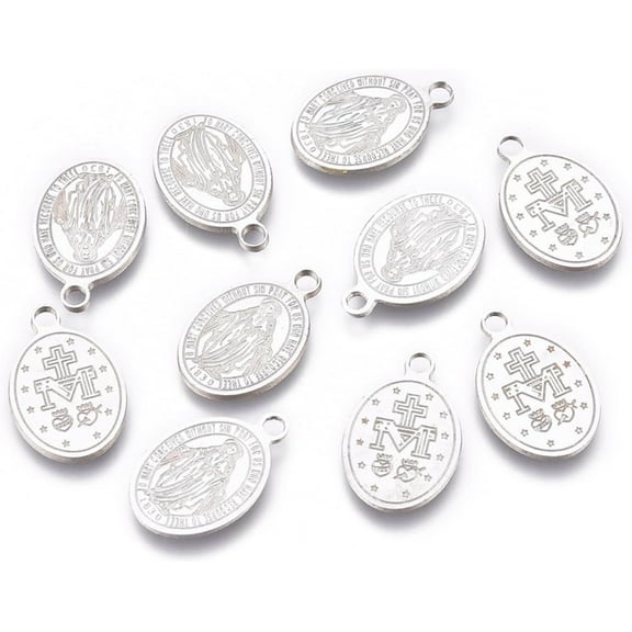 10Pcs Miraculous Medal Pendants 13.5x8.5x0.6mm Oval Miraculous Medal Charms Pendants 304 Stainless Steel Metal Laser Cut Pendants Stainless Steel Color With 1.5mm Hole for Jewelry Making