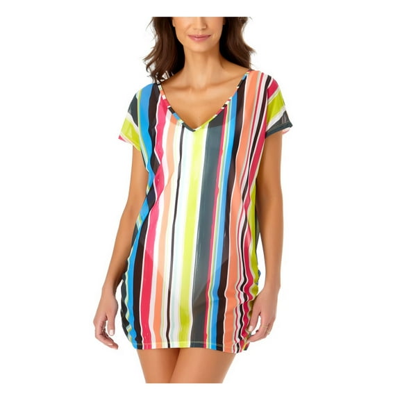 ANNE COLE Women's Green Striped Sheer Deep V Neck Swimsuit Cover Up XSS