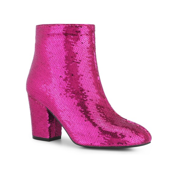 BLISSFUL STEP Women's Glitter Round Toe Block Heel Ankle Boots Hot Pink 7