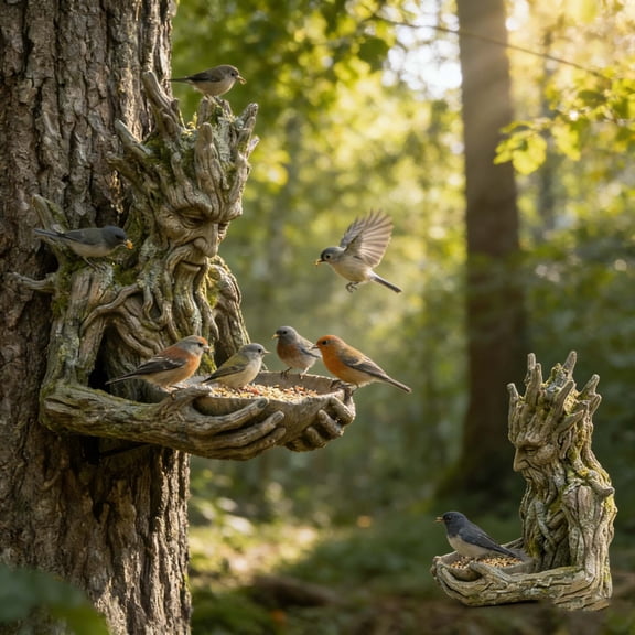 KOYPTL Tree Face Elf Bird Feeder for Outdoor,Millennial Tree Face Decoration for Eaves Hanging Tree Wall Mounted,Yard Garden Resin Sculpture Hummingbird Feeder with Keyhole Hanger for Nature Lovers