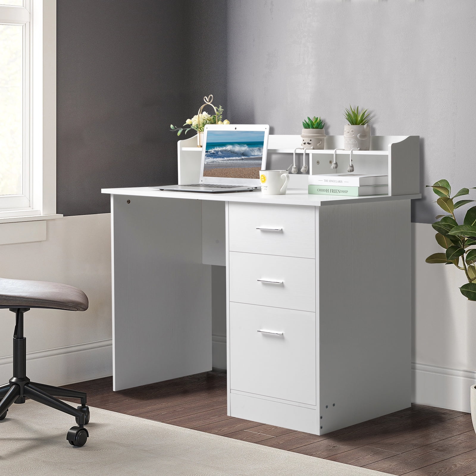 Ktaxon Wood Computer Desk Office Laptop PC Work Table, Writing Desk with 3 Drawers File Cabinet for Letter Size,White