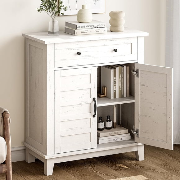 Sideboard Buffet Cabinet, Farmhouse Coffee Bar Storage Cabinet with Adjustable Shelves, Multi-Functional Entryway Storage Cabinet with Doors for Living Room Kitchen and Dining Room, White
