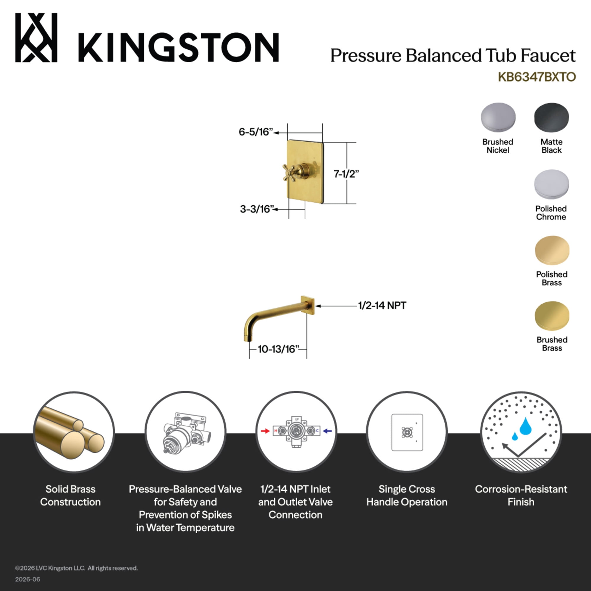 Kingston Brass KB6342BXTO Metropolitan Single-Handle Pressure Balanced Tub Faucet in Polished Brass