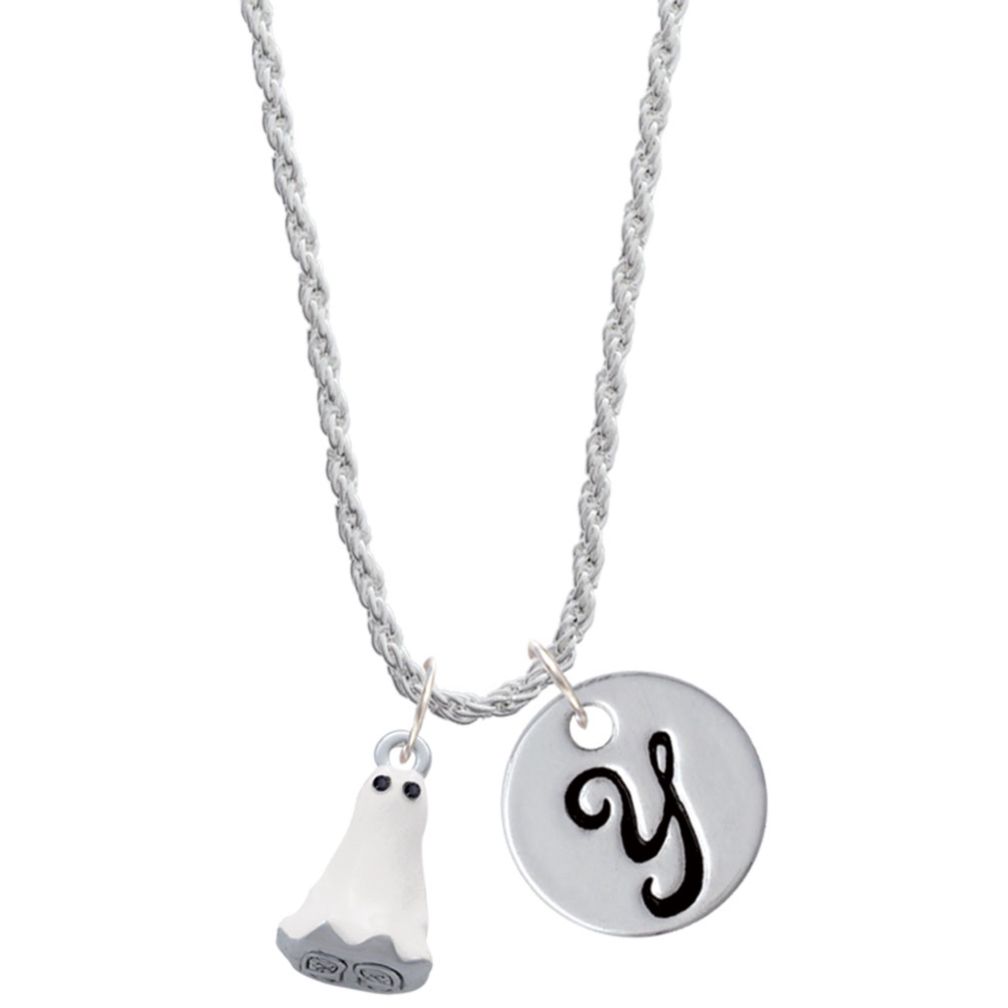 Delight Jewelry Silvertone 3-D White Ghost with Black Crystals Silvertone Script Initial Disc - Y - Charm Necklace, 20"+3"