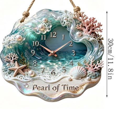 Pearl Of Time Wall Clock Silent Non Ticking Battery Operated Beach Themed Hanging Clock With Rope Nautical Decor Wall Art