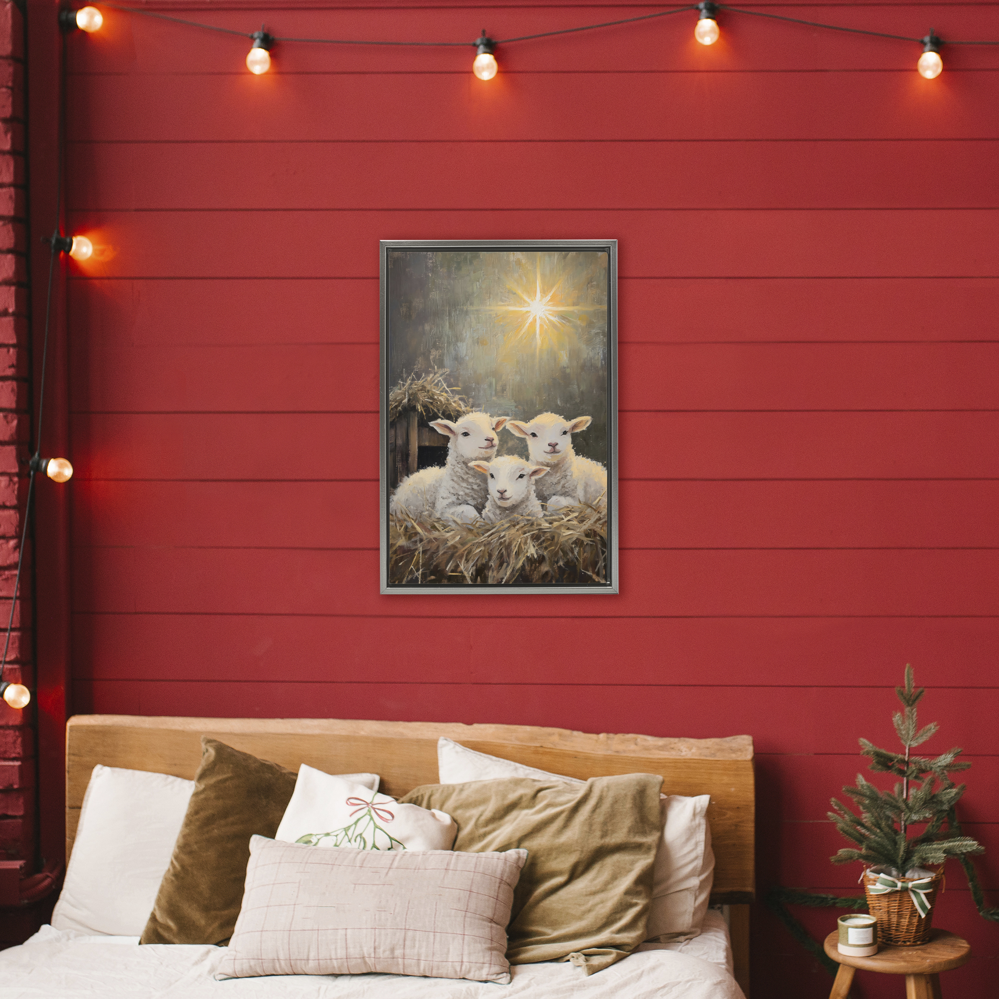 Festive Lambs in Stable Gray Framed Floater Canvas Wall Art, design by Petal Prints Design