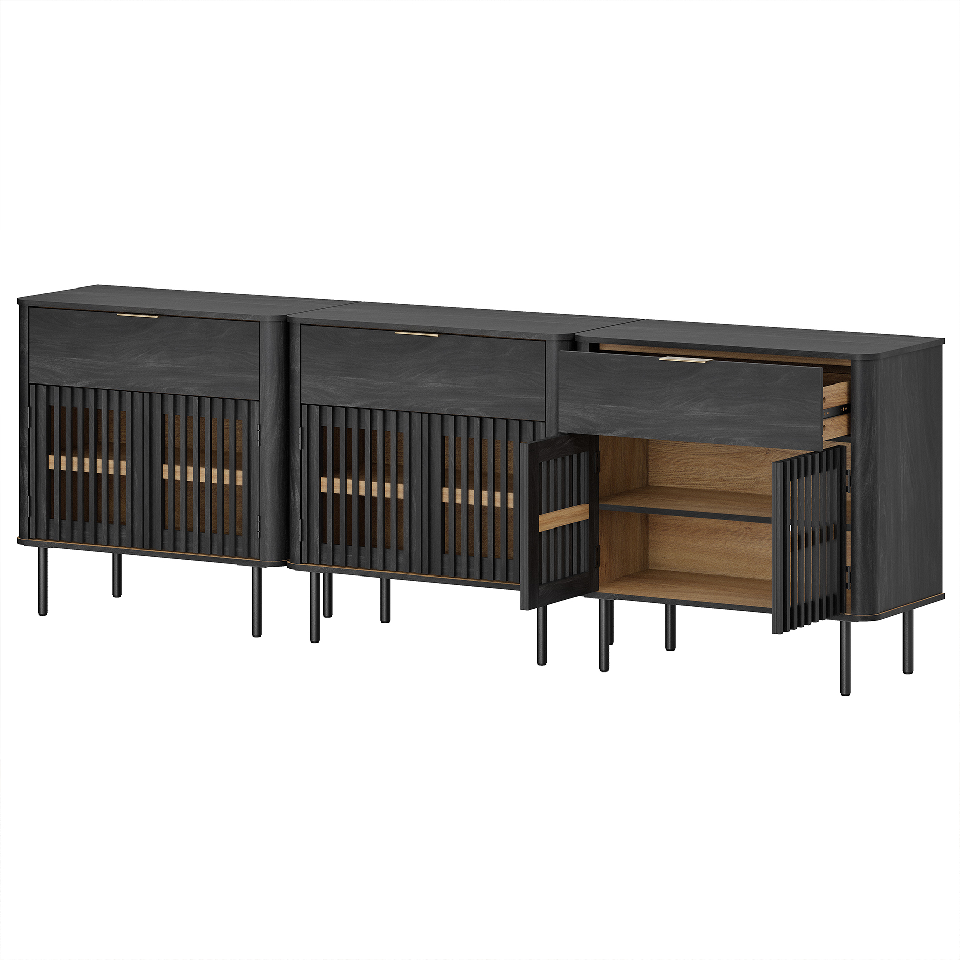 94.5" Sideboard Buffet Cabinet with Storage - Fluted Kitchen Credenza Cabinet with Pop-up Doors and Drawer, Black