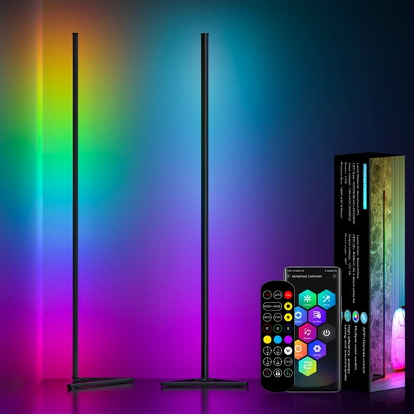 MIHEAL 2PCS Black Corner Floor Lamp, Synced Lights LED Control Floor Lamp RGB Light 56" Smart LED Corner Lamp App and Remote for Living Room Gaming Bedroom and Etc