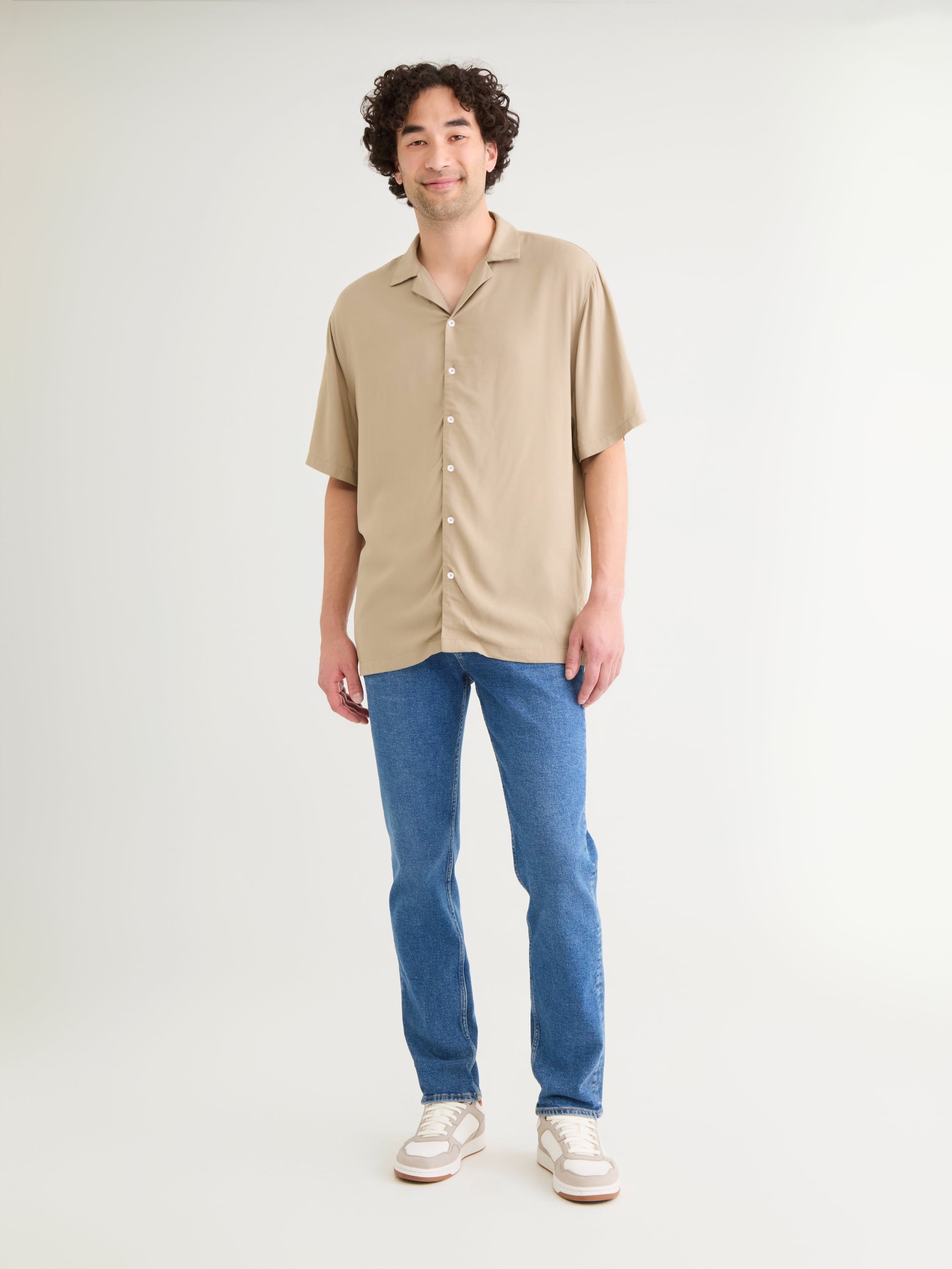 No Boundaries Solid Rayon Button Up Shirt with Short Sleeves, Men's & Big Men's