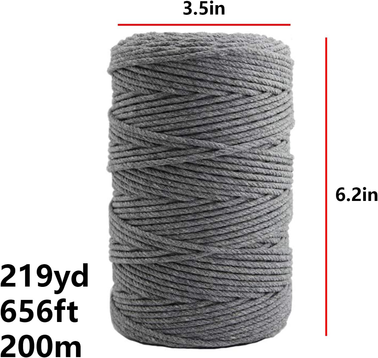 Macrame Cord, 3mm x 219 Yards Dark Gray Cotton String Macrame Rope, 4 Strand Twisted Soft Cotton Cord for Wall Hanging, Plant Hangers, Crafts, Knitting,Dark Gray