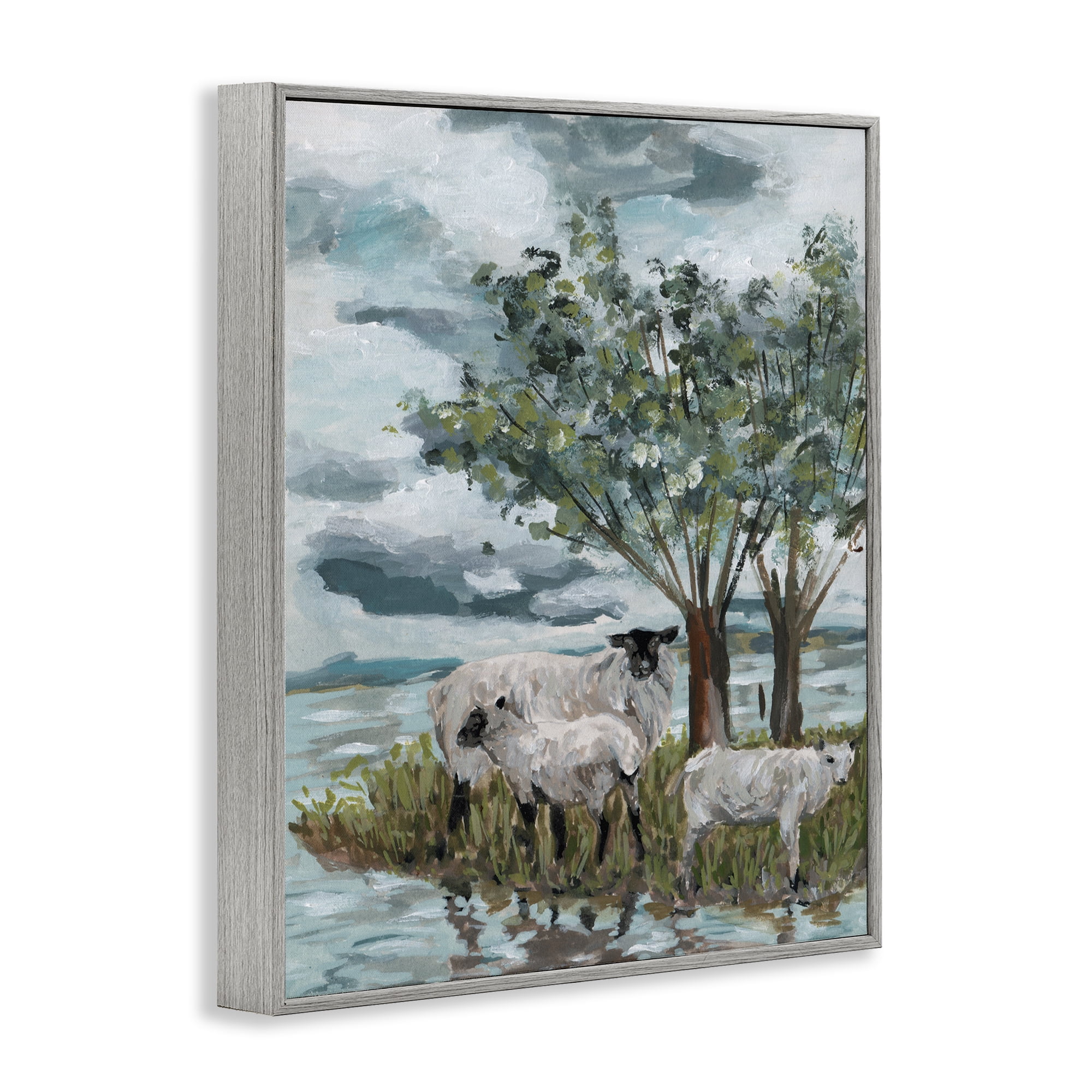 Stupell Industries Traditional Sheep Scene Landscape Painting Gray Framed Art Print Wall Art, 16 x 20