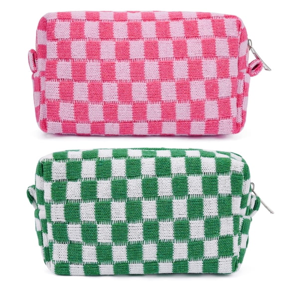 SOIDRAM 2 Piezas Bolsa de Maquillaje Bolsa de Cosméticos a Cuadros Rosa Verde, Bolsa de Aseo de Viaje Organizador Lindo Bolsa de Almacenamiento de Pinceles de Maquillaje para Mujer