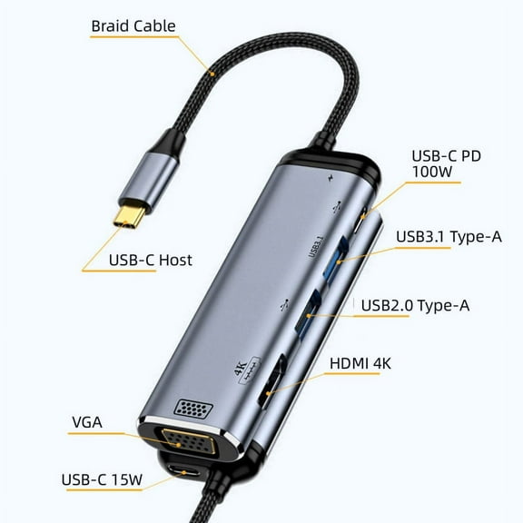 FVH USB-C Type C to HDMI VGA Dual USB 3.0 HUB Converter HDTV Multiport Adapter 4K 60hz 1080p with Female PD 100W Power Port