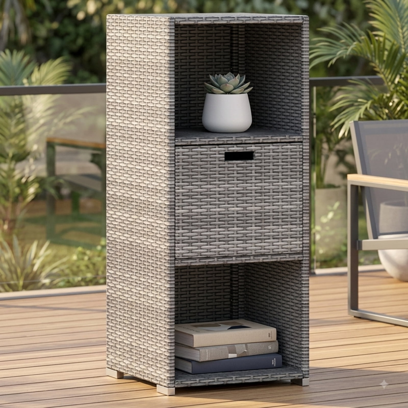 Biotree Outdoor Storage Cabinet with Drawer and 3 Shelves for Patio Porch Poolside Backyard, Mix Brown