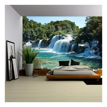 Wallpaper Waterfall wall26 - Waterfalls on Krka River. National Park, Croatia - Removable Wall Mural | Self-Adhesive Large Wallpaper - 100x144 inches ()