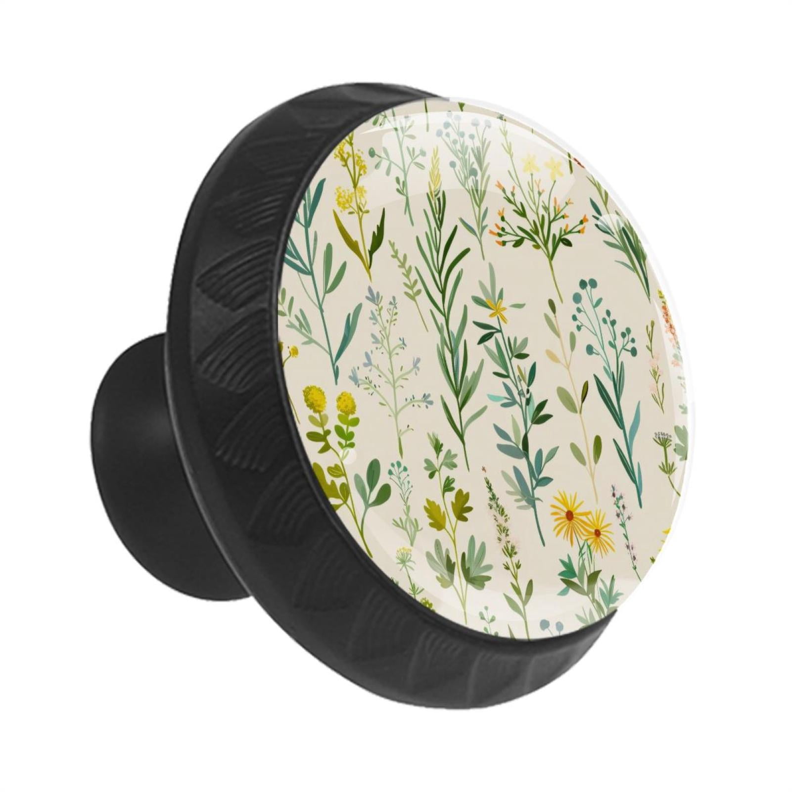 12 Pieces Cute Herbs and Floral Meadow Herbs Collection Glass Knobs for Dresser Drawers, 1.37 x 1.10 IN Round Kitchen Cabinet Pulls For Home Office Nursery Kids Room