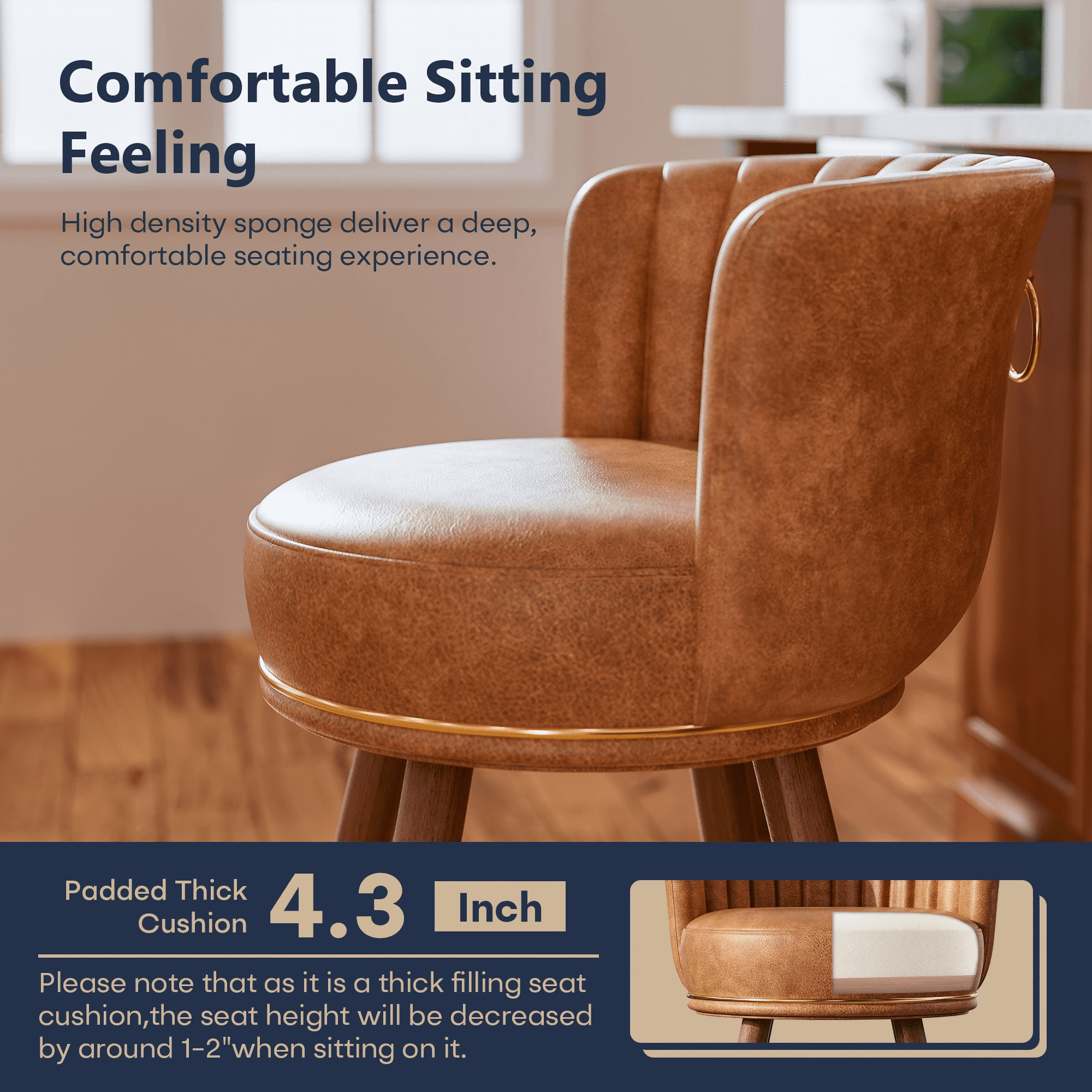 Genpo Counter Height Bar Stools, Round Seat Swivel Bar Stool Set of 4, 26 inch Low Back Leather Bar Chair with wood Leg for Kitchen Island 300lbs, Brown