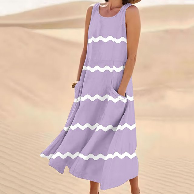 LSLJS Nouvelle Robe Longue Sans Manches en Coton et Lin à Col Rond Imprimée, Robe d'Été de Plage