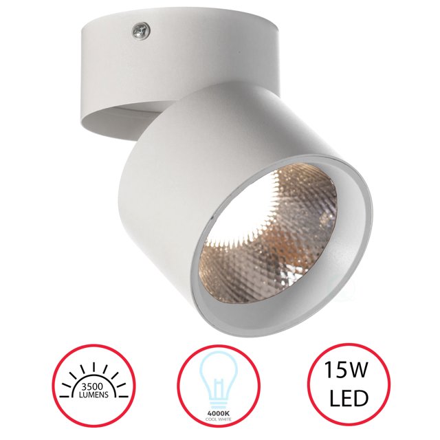 Projecteur de Plafond Rond à LED en Aluminium - Downlight Réglable avec 15 Watts Blanc Froid 4000K - Éclairage de Plafond Économe en Énergie - Durable, Blanc